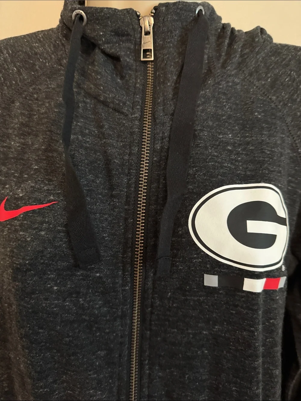 Nike UGA Black Heather Full-Zip Hoodie with Red Swoosh and White Logo